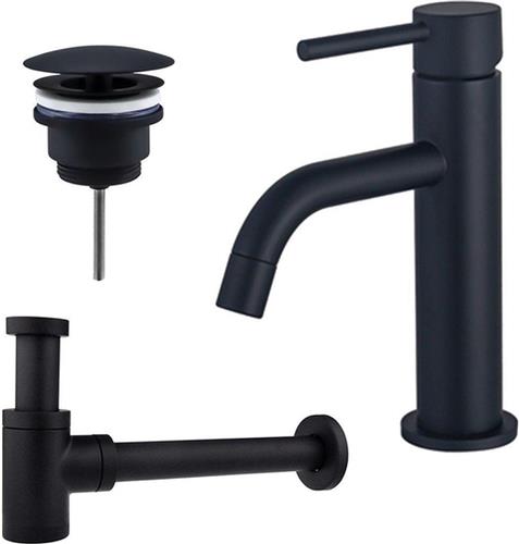 Fortifura Calvi Slim Wastafelkraanset - lage wastafelkraan - always open plug - verlaagde design sifon - Mat zwart