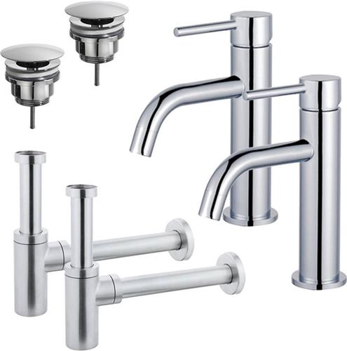 Fortifura Calvi Slim Wastafelkraanset - voor dubbele wastafel - lage wastafelkraan - always open plug - design sifon - Chroom