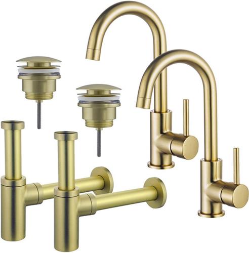 Fortifura Calvi Wastafelkraanset - voor dubbele wastafel - hoge wastafelkraan - draaibare uitloop - klikwaste plug - design sifon - Geborsteld Messing PVD (Goud)