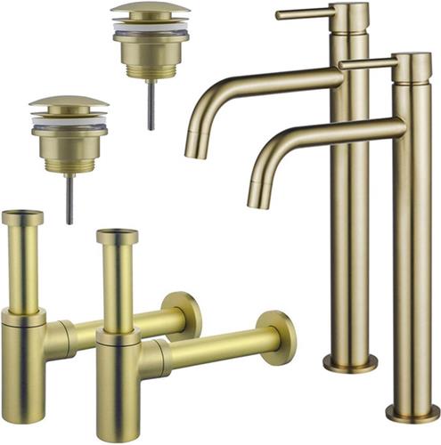 Fortifura Calvi Slim Wastafelkraanset - voor dubbele wastafel - verhoogde wastafelkraan - klikwaste plug - design sifon - Geborsteld Messing PVD (Goud)