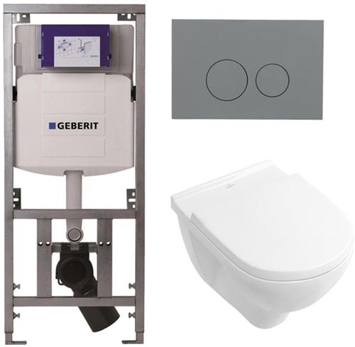 Villeroy & Boch O.novo toiletset met Geberit inbouwreservoir met diepspoel wandcloset wit soft close zitting en bedieningsplaat licht grijs met ronde knoppen wit