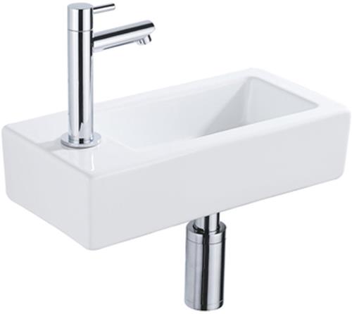 QeramiQ Fuente Fonteinset - 37.5x18.5x9cm - keramiek - kraangat links - fonteinkraan chroom - afvoerplug - verlaagd sifon - Glans wit