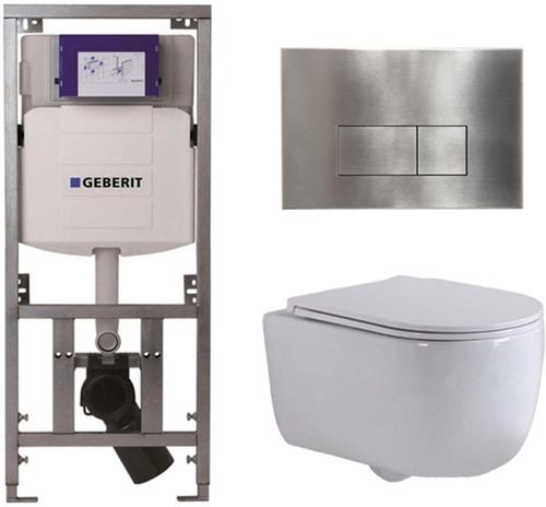 QeramiQ Dely Swirl Toiletset - 36.3x51.7cm - Geberit UP320 Burda inbouwreservoir - slim zitting - steel bedieningsplaat - rechthoekige knoppen - wit glans