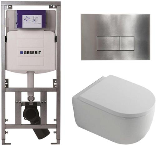 QeramiQ Dely Swirl Toiletset - 36.3x51.7cm - Geberit UP320 Burda inbouwreservoir - 35mm zitting - steel bedieningsplaat - rechthoekige knoppen - wit glans