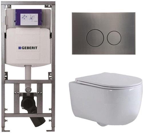 QeramiQ Dely Swirl Toiletset - 36.3x51.7cm - Geberit UP320 Burda inbouwreservoir - slim zitting - gunmetal bedieningsplaat - ronde knoppen - wit glans