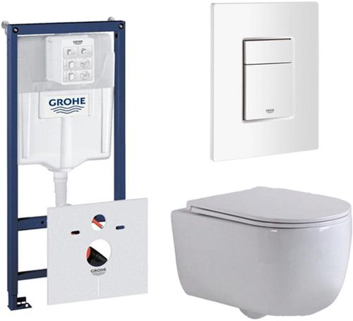 QeramiQ Dely Swirl Toiletset - 36.5x53cm - Grohe Rapid inbouwreservoir - slim zitting - witte bedieningsplaat - rechthoekige knoppen - glans wit
