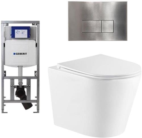 QeramiQ Dely Toiletset - 36.3x51.7cm - diepspoel - rimless - Geberit UP320 Burda inbouwreservoir - softclose toiletzitting - steel bedieningsplaat - rechtehoekige knoppen - wit glans