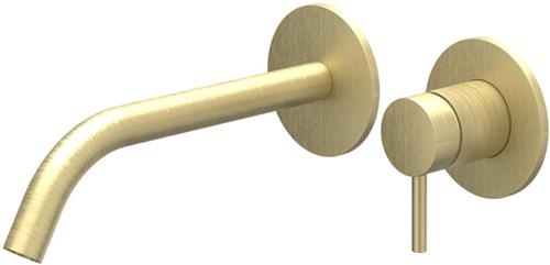 IVY Bond Wastafelmengkraan - 2-gats - met inbouwdeel - wandmontage - gebogen uitloop - coldstart - Geborsteld mat goud PVD