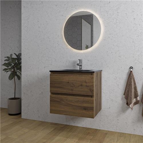 Adema Chaci Badkamermeubelset - 60x46x57cm - 1 keramische wasbak zwart - 1 kraangat - 2 lades - ronde spiegel met verlichting - noten (hout)