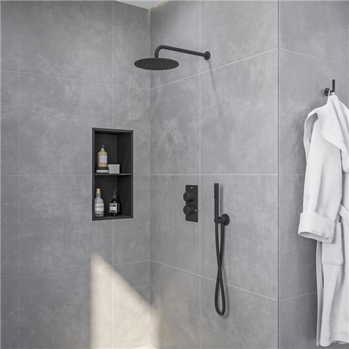Fortifura Calvi Inbouw Regendoucheset - thermostatisch - wandarm - 25cm hoofddouche - staaf handdouche - gladde doucheslang - mat zwart