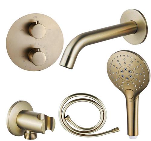 Fortifura Calvi Badkraan set - uitloop - 22cm inkortbaar - rond bedieningspaneel - gladde slang - ronde handdouche - inbouwdeel - wandhouder - geborsteld messing