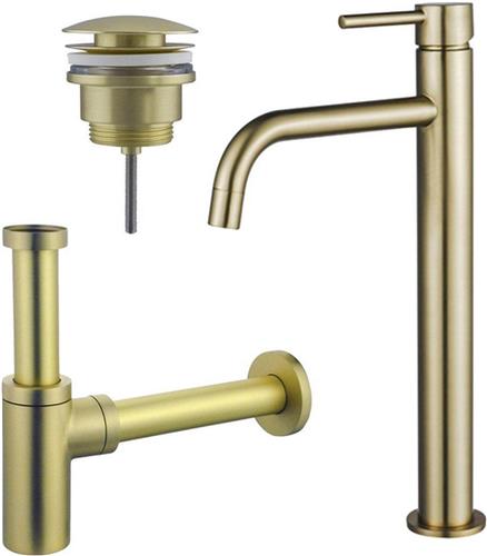 Fortifura Calvi Slim Wastafelkraanset - verhoogde wastafelkraan - klikwaste plug - design sifon - Geborsteld Messing PVD (Goud)