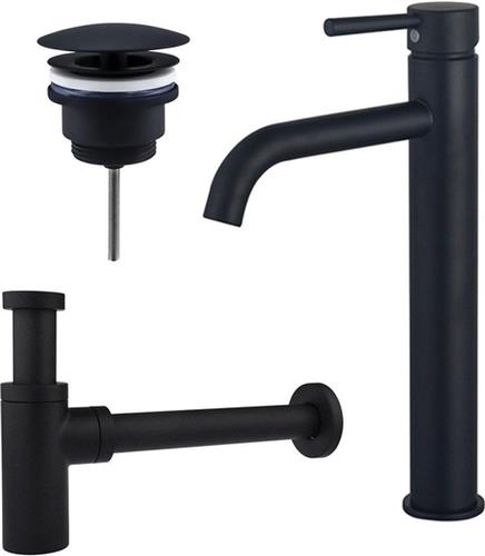 Fortifura Calvi Wastafelkraanset - verhoogde wastafelkraan - always open plug - design sifon - Mat zwart