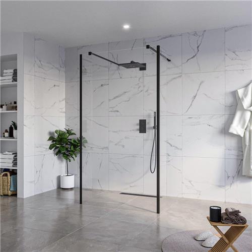Fortifura Galeria Vrijstaande Inloopdouche - 110x200cm - Helder - antikalk - 8mm veiligheidsglas - 2 zijwanden 30cm - wandsteunen en hoekprofielen - Zwart mat