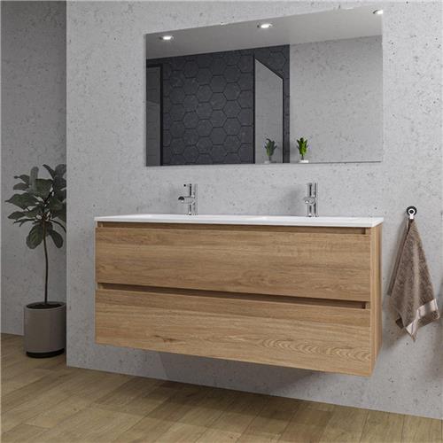 Adema Chaci Badkamermeubelset - 120x46x57cm - 2 keramische wasbakken wit - 2 kraangaten - 2 lades - rechthoekige spiegel - eiken