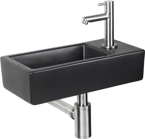 Differnz Hator Fonteinset - Wasbak Keramiek - Mat Zwart - Rechte Kraan - Mat Chroom - Mat Zwart - Standaard Greep - 9 x 37.5 x 18.5 cm