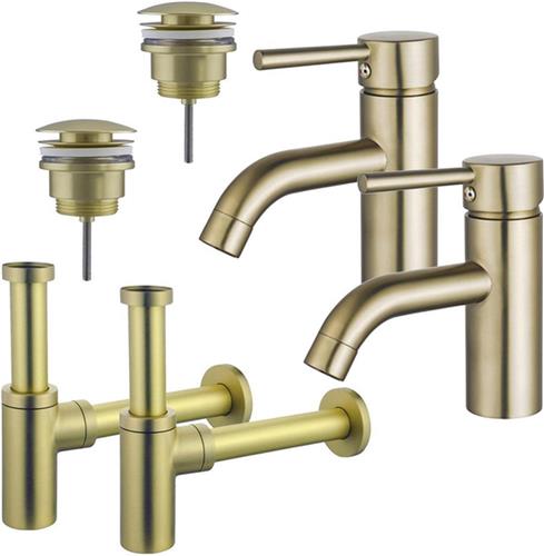 Fortifura Calvi Wastafelkraanset - voor dubbele wastafel - lage wastafelkraan - klikwaste plug - design sifon - Geborsteld Messing PVD (Goud)