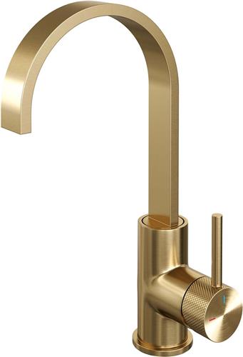 Brauer Gold Carving - Wastafelkraan - Opbouw - Geborsteld Goud PVD - Mengkraan - Hoog - 1 Greeps - Model A - Draaibare Platte Uitloop