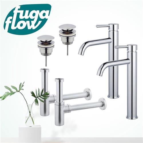 Fortifura Calvi Wastafelkraanset - voor dubbele wastafel - verhoogde wastafelkraan - klikwaste plug - design sifon - Chroom