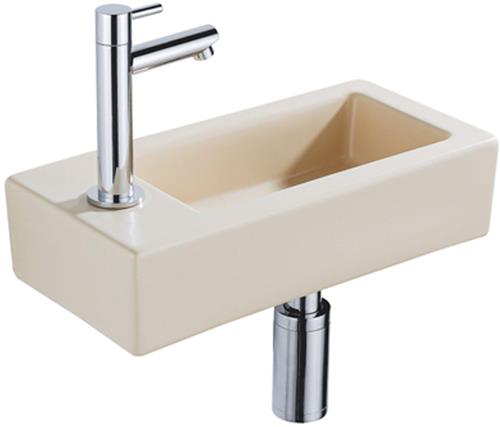 QeramiQ Fuente Fonteinset - 37.5x18.5x9cm - keramiek - kraangat links - fonteinkraan chroom - afvoerplug - verlaagd sifon - Mat Beige