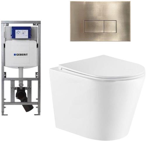 QeramiQ Dely Toiletset - 36.3x51.7cm - diepspoel - rimless - Geberit UP320 Burda inbouwreservoir - softclose toiletzitting - geborsteld messing bedieningsplaat - rechtehoekige knoppen - wit mat