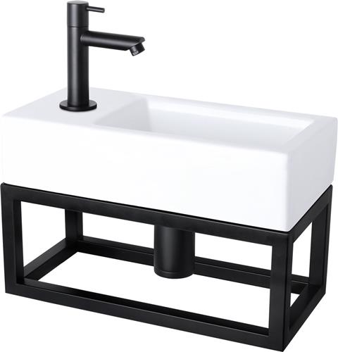 Differnz Helios Fonteinset met Handdoekrek - Kraan Links - Wasbak Keramiek Wit - Kraan Mat Zwart - Standaard Greep - 37.5 x 18.5 x 9.5 cm