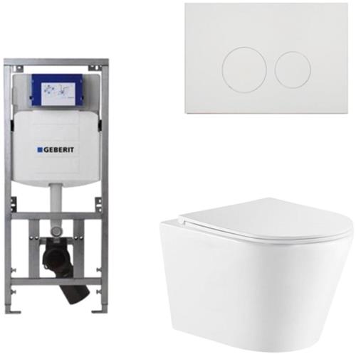 QeramiQ Dely Toiletset - 36.3x51.7cm - diepspoel - rimless - Geberit UP320 Burda inbouwreservoir - softclose toiletzitting - glans witte bedieningsplaat - ronde knoppen - wit mat