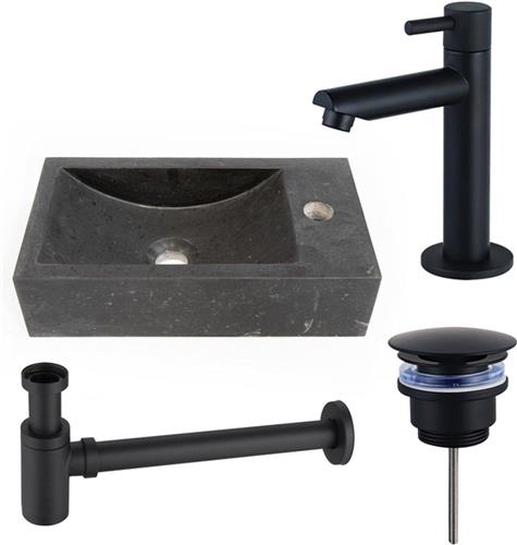 Fortifura Fuente fonteinset - 40x22 - 1 kraangat - rechts - natuursteen - fonteinkraan zwart mat - donker