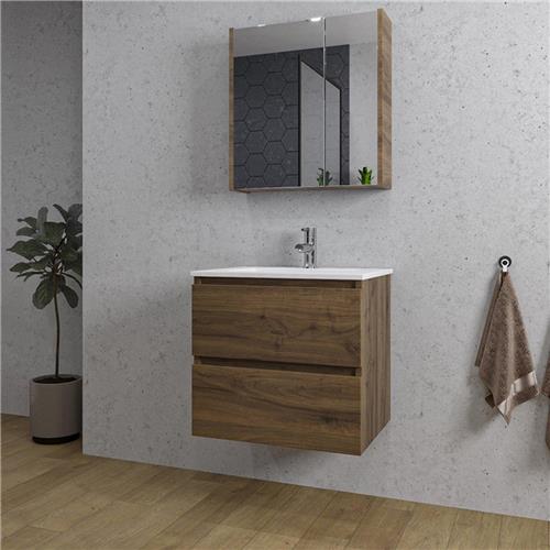 Adema Chaci Badkamermeubelset - 60x46x57cm - 1 keramische wasbak wit - 1 kraangat - 2 lades - Spiegelkast - noten (hout)