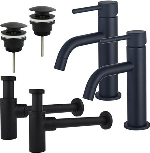 Fortifura Calvi Slim Wastafelkraanset - voor dubbele wastafel - lage wastafelkraan - klikwaste plug - design sifon - Mat zwart