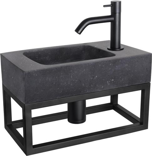 Differnz Fonteinset - Wasbak Natuursteen Bombai Black - Antraciet - Gebogen Kraan - Mat Zwart - Standaard Greep - 40 x 22 x 9 cm - Met Handdoekrek - Zwart