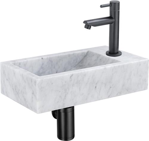 Fortifura Fuente fonteinset - 40x22 - 1 kraangat - rechts - marmer - fonteinkraan zwart mat - wit