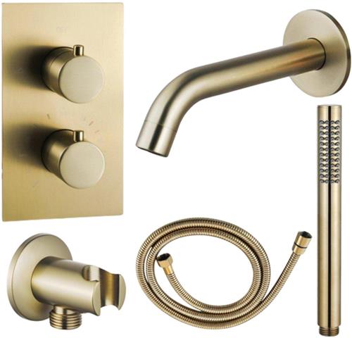 Fortifura Calvi Badkraan set - uitloop - 22cm inkortbaar - metalen slang - staafhanddouche - inbouwdeel - wandhouder - geborsteld messing
