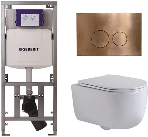 QeramiQ Dely Swirl Toiletset - 36.3x51.7cm - Geberit UP320 Burda inbouwreservoir - slim zitting - koperen bedieningsplaat - ronde knoppen - wit glans
