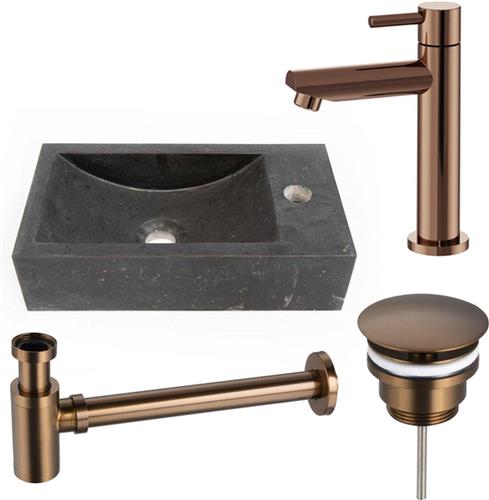Fortifura Fuente fonteinset - 40x22cm - 1 kraangat - rechts - natuursteen - fonteinkraan Geborsteld koper PVD (Koper) - donker