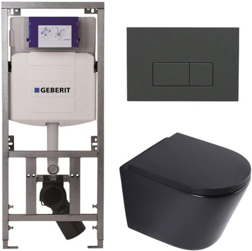 QeramiQ Dely Toiletset - 36.3x51.7cm - diepspoel - rimless - Geberit UP320 inbouwreservoir - softclose toilet zitting 35 mm - bedieningsplaat antraciet mat - rechthoekige knoppen - mat zwart