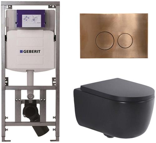 QeramiQ Dely Swirl Toiletset - 36.3x51.7cm - Geberit UP320 Burda inbouwreservoir - 35mm zitting - koperen bedieningsplaat - ronde knoppen - mat zwart