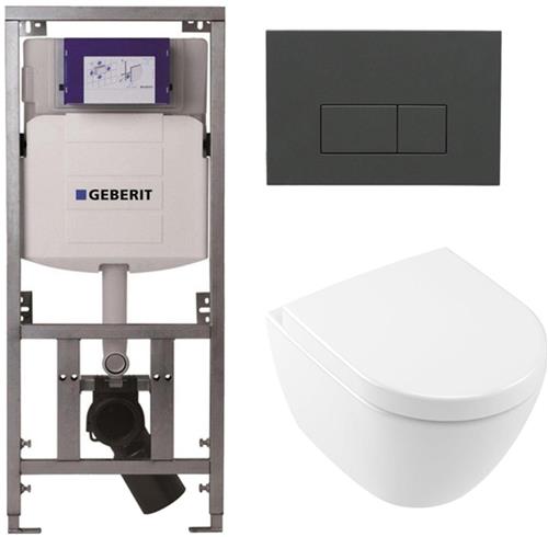 Villeroy & Boch Subway 2.0 compact DirectFlush Toiletset - Geberit reservoir - softclose - quickrelease - bedieningsplaat bedieningsplaat antraciet mat - rechthoekige knoppen - wit