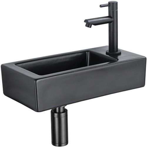 QeramiQ Fuente Fonteinset - 37.5x18.5x9cm - keramiek - kraangat rechts - fonteinkraan zwart mat - afvoerplug - verlaagd sifon - Mat Zwart
