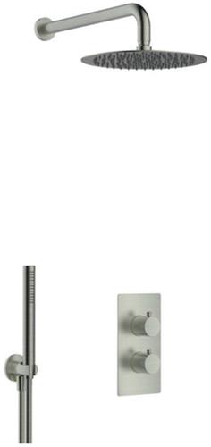 Fortifura Calvi Inbouw Regendoucheset - thermostatisch - wandarm - 25cm hoofddouche - staaf handdouche - metalen doucheslang - geborsteld Gunmetal PVD