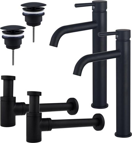 Fortifura Calvi Wastafelkraanset - voor dubbele wastafel - verhoogde wastafelkraan - always open plug - verlaagde design sifon - Mat zwart