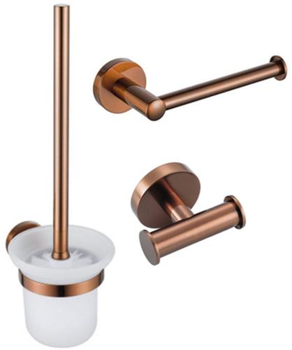 Fortifura Calvi Toiletset 3-delig - toiletrolhouder zonder klep - toiletborstel - handdoekhaak dubbel rond - Geborsteld koper PVD (Koper)