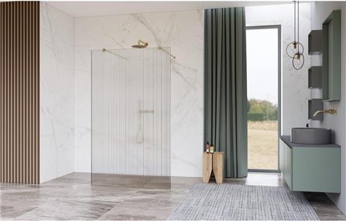 Fortifura Galeria Vrijstaande Inloopdouche - 120x200cm - Helder geribbeld - antikalk - 8mm veiligheidsglas - wandsteunen - Geborsteld Messing PVD (Goud)