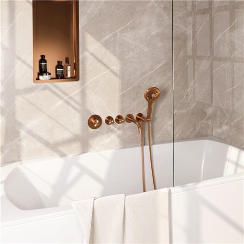Brauer Carving S02 - Badkraan met Handdouche - Geborsteld Koper PVD - Inbouw - Thermostatisch - Uitloop/Wandaansluitbocht