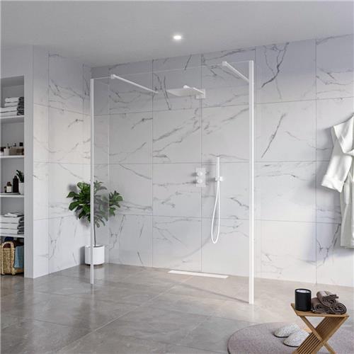 Fortifura Galeria Vrijstaande Inloopdouche - 160x200cm - Helder - antikalk - 8mm veiligheidsglas - 2 zijwanden 30cm - wandsteunen en hoekprofielen - Wit mat