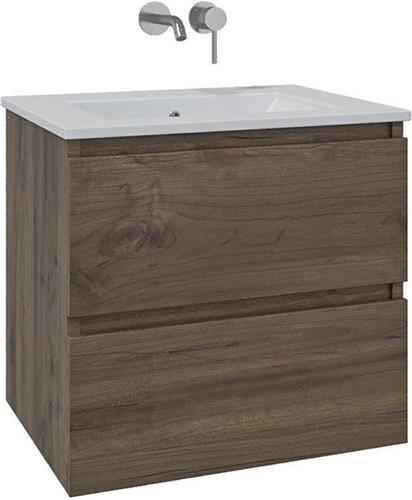 Adema Chaci Badkamermeubelset - 60x46x57cm - 1 keramische wasbak wit - zonder kraangaten - 2 lades - noten (hout)