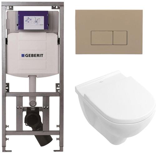 Villeroy & Boch O.novo Toiletset - Geberit inbouwreservoir - diepspoel wandcloset - softclose - bedieningsplaat bedieningsplaat taupe - rechthoekige knoppen - wit