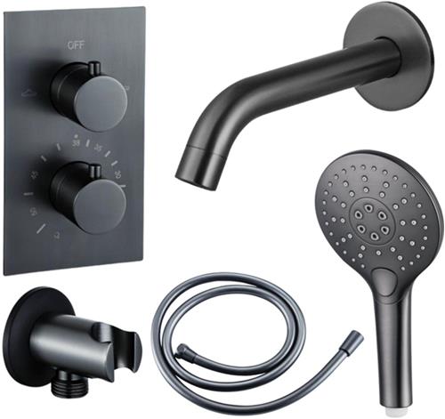 Fortifura Calvi Badkraan set - uitloop - 22cm inkortbaar - gladde slang - ronde handdouche - inbouwdeel - wandhouder - geborsteld gunmetal PVD