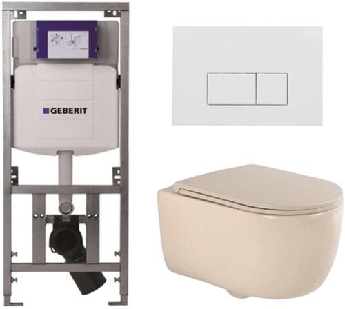 QeramiQ Dely Swirl Toiletset - 36.3x51.7cm - Geberit UP320 Burda inbouwreservoir - slimzitting - glans witte bedieningsplaat - rechthoekige knoppen - beige