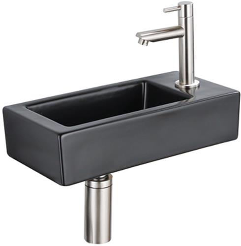 QeramiQ Fuente Fonteinset - 37.5x18.5x9cm - keramiek - kraangat rechts - fonteinkraan geborsteld RVS - afvoerplug - verlaagd sifon - Mat Zwart
